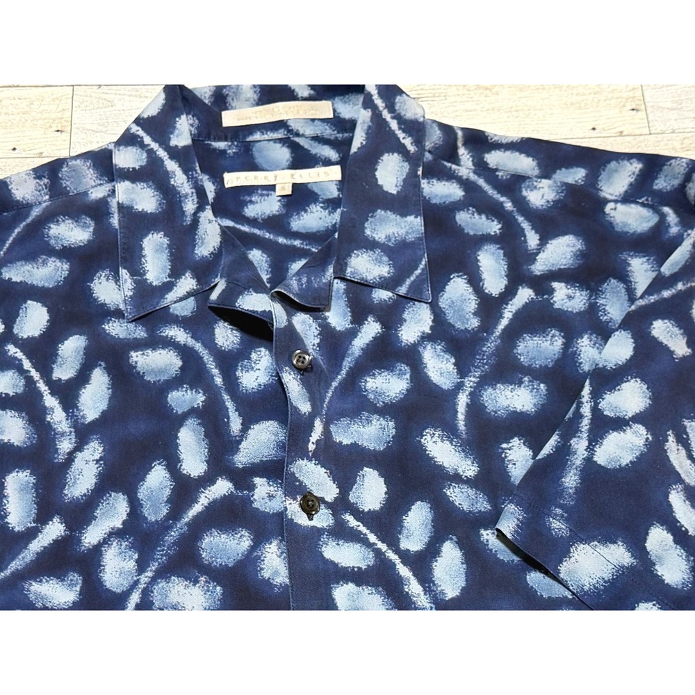 Perry Ellis Mens XL Blue White Abstract Leaf Print 100% Silk Camp Shirt S/S